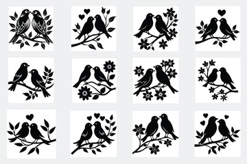 Collection of bird couple silhouettes on branches vector