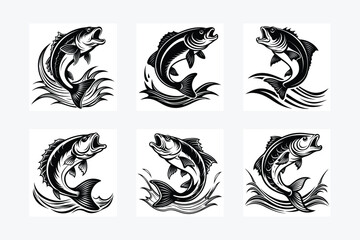 Six black and white jumping fish vector illustrations