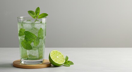 Refreshing Mojito Cocktail with Mint, Lime, and Ice on a White Surface