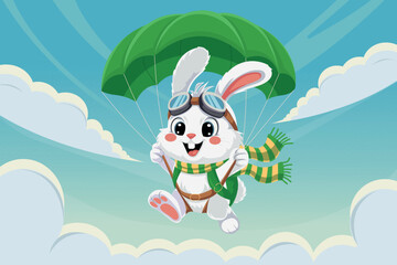 Cute cartoon bunny skydiving with green parachute. Travel adventure concept for kids, fun aviation, vacation or holiday illustrations. Vector.