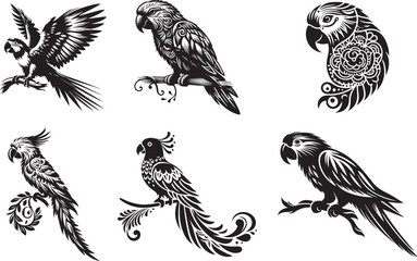 Collection of six stylized black and white parrot icons