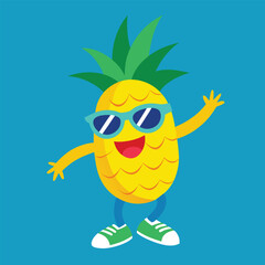 Cartoon pineapple with sunglasses on a blue background