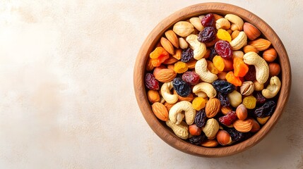 Wooden bowl filled with assorted nuts dried fruits a healthy snack mix closeup