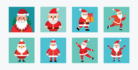 Collection of Santa Claus illustrations on a blue background