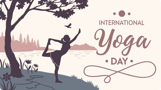 Illustration of a woman performs a yoga pose by a lake in a peaceful forest setting, celebrating international yoga day