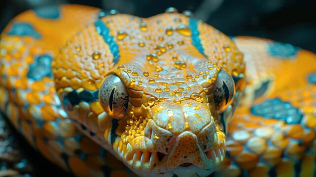 Close up of vibrant orange and blue python snake reptile with water droplets on its scales, showing detailed texture and intense gaze in natural habitat, macro wildlife portrait