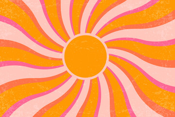 Groovy sun with swirl rays. Retro spiral beams pattern. Abstract 70s vintage poster. Summer radial wavy stripes. Orange and pink textured sunburst wallpaper