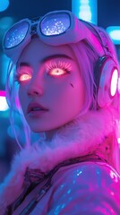 A cyberpunk version of a young woman in Tokyo , neon city lights, futuristic makeup, sci-fi clothing, glowing eyes.