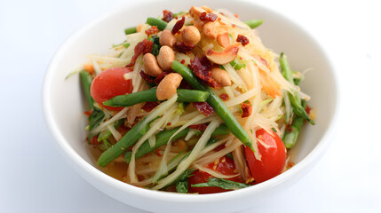 Refreshing Hyperrealistic Photograph of Colorful Green Bean Salad with Cherry Tomatoes and Peanuts