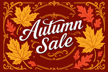 Autumn sale. Vector decorative poster in warm colors. Bright autumn leaves and elegant lettering in ornate golden frame