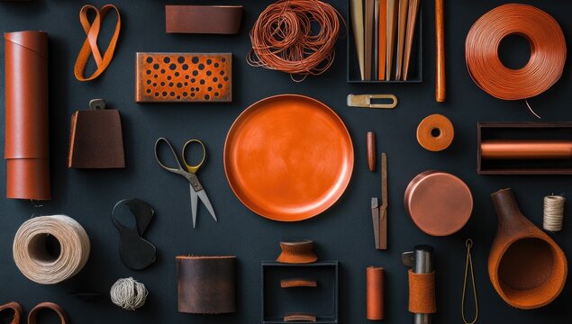 Artisan leatherwork supplies, vibrant orange plate