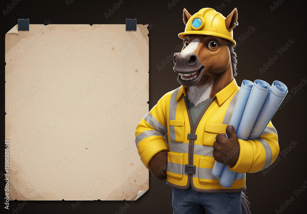 Poster a horse in a builder's suit with blueprints stands next to an empty banner, space for text or advert