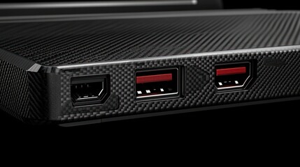 Fototapeta premium Close-up of a black laptop's ports