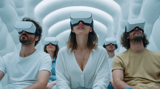 A diverse group of young adults experiences immersive virtual reality with headsets in a modern, bright, futuristic, and surreal white environment together now.