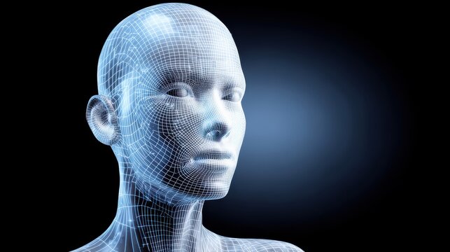 A futuristic female figure represented by a wireframe mesh stands against a dark gradient backdrop, illustrating technology and human connection with digital art. - Powered by Adobe
