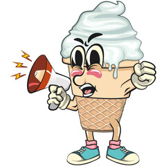 cute ice cream cone mascot cartoon vector character with waffle cone and vanilla topping out loud with loudspeaker, work of hand drawn