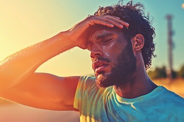 man in summer clothes wiping sweat from his forehead while walking in a hot city street