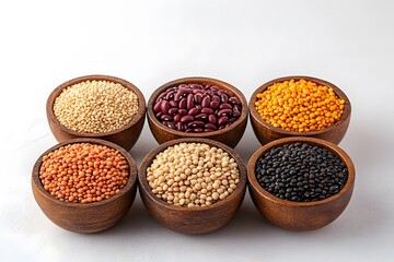 Grains, bowls, neutral food backdrop.