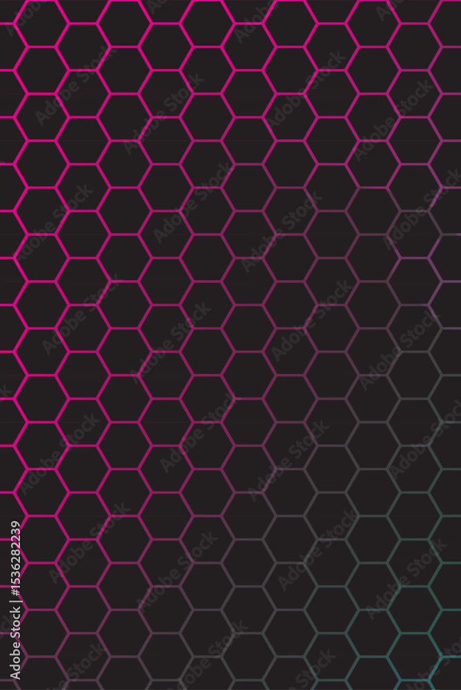 Poster futuristic gradient hexagon grid background with neon magenta and cyan on dark techno style surface.