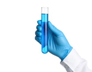 A gloved hand holds a test tube filled with blue liquid against a black background, symbolizing scientific research or laboratory testing.