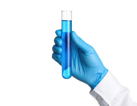 A gloved hand holds a test tube filled with blue liquid against a black background, symbolizing scientific research or laboratory testing.