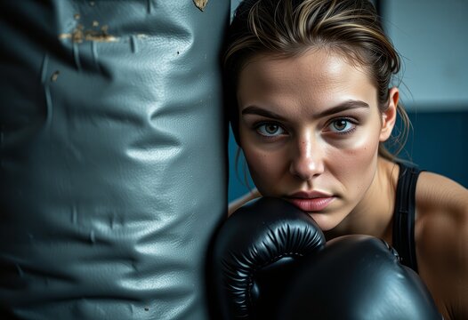 Determined Female Boxer Resting Against Punching Bag Intense Gaze Fitness