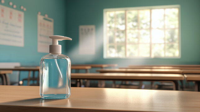 Hand sanitizer bottle on classroom desk in sunlight