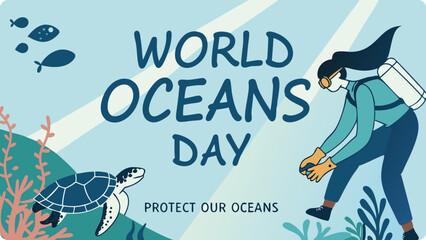 Illustration of world oceans day illustration featuring a girl diving underwater with a turtle and coral reef