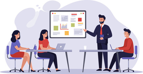 Cartoon vector illustration of business people working on laptops in a modern office