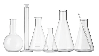 A set of five clear glass laboratory flasks and cylinders of varying shapes and sizes, commonly used for scientific experiments and measurements.