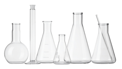 A set of five clear glass laboratory flasks and cylinders of varying shapes and sizes, commonly used for scientific experiments and measurements.