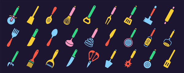 Kitchenware icon set. Color vector kitchen utensils, tools and cutlery. Whisk, slotted spoon, scissors, ladle and spatula. Sieve, knife, spoon, fork, peeler and opener
