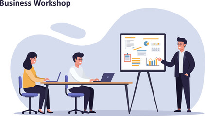 Fototapeta premium Business people are working together at a desk in an office, using laptops and communicating during a meeting