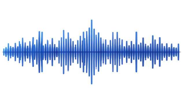 A blue waveform pattern displaying dynamic sound frequency variations with symmetrical peaks and troughs.