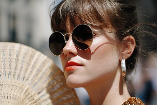 stylish caucasian woman with sunglasses using a traditional folding fan