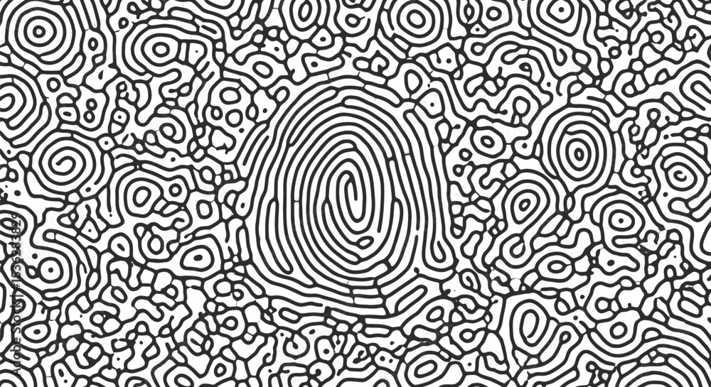 Poster a unique black fingerprint icon on a white background symbolizing digital security and identity