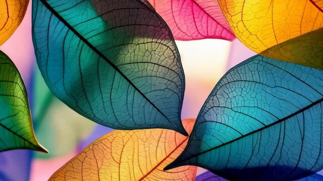 Macro photograph of backlit colorful transparent skeleton leaves with intricate vein patterns