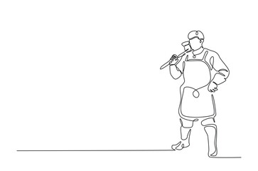 Blacksmith holds hammer in continuous one line drawing. Single line art illustration of blacksmtih working. Editable vector.