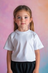 A 5-year-old girl in a plain white t-shirt and black shorts, in a studio style photoshoot with bright lighting.