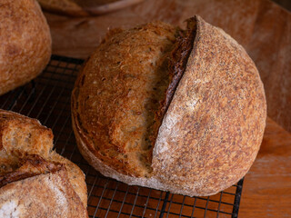 Freshly Baked Sourdough Loaf on Cafe table.