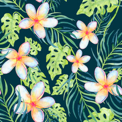 Watercolor plumeria flowers seamless pattern on deep blue background