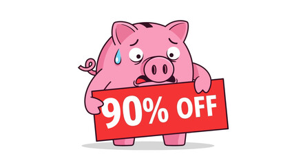 Sweating Piggy Bank Holding 90% OFF Sign - Flat Cartoon