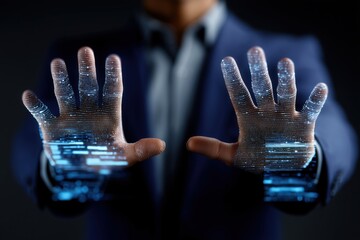 A businessman in a dark blue suit interacting with an invisible virtual interface