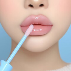 Naklejka premium Applying Pink Lip Gloss Beauty Product Closeup