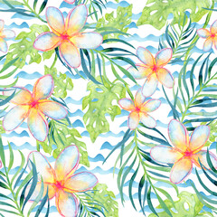 Tropical beach seamless pattern on sea waves background