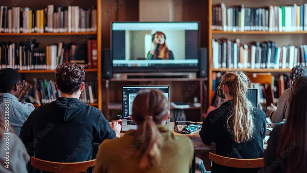 Poster students engaged in an online class from a computer in a library setting, students participating in 