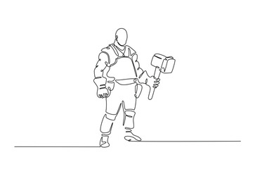 Fototapeta premium Blacksmith holds hammer in continuous one line drawing. Single line art illustration of blacksmtih working. Editable vector.