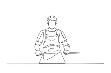 Blacksmith holds hammer in continuous one line drawing. Single line art illustration of blacksmtih working. Editable vector.