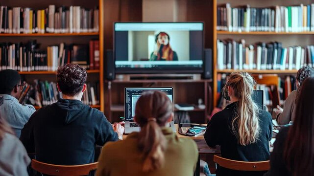 Students engaged in an online class from a computer in a library setting, Students Participating in an Online Class from a Comfortable Library Setup
