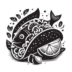Black Fish Tacos Silhouette Vector, High Quality Illustration on White Background